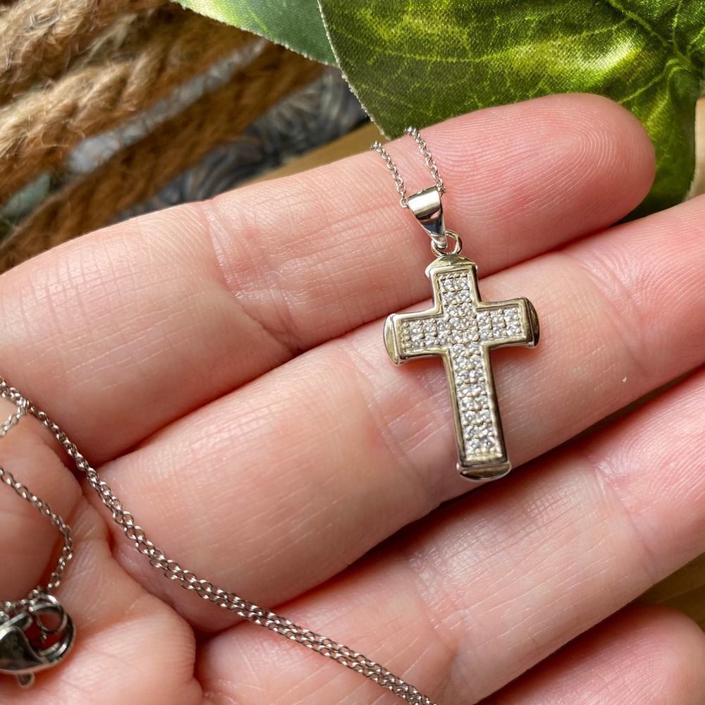 Sterling Silver Micro Pave Cz Cross Pendant On Stainless Steel Chain - Picture 6 of 6